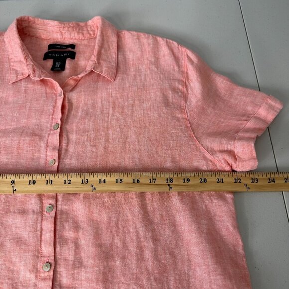 Tahari Short Sleeve Linen Shirt Size M Coral Peach Button - Picture 6 of 8